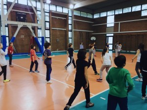 La palestra ha il pavimento in linoleum color arancione e su di esso ci sono le linee bianche che delimitano il campo per la pallavolo. Tutto esterno al campo è di color verde smeraldo. Ci sono dei bambini che stanno giocando.